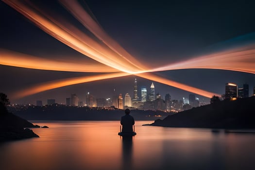 a man standing on a rock in front of a city at night. AI-Generated photo