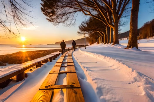 two people walk along a wooden boardwalk in the snow. AI-Generated photo