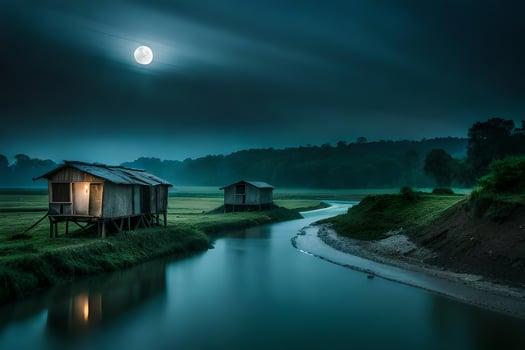 the moon rises over the river. AI-Generated photo