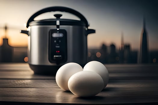 three eggs sit next to an electric pressure cooker. AI-Generated photo