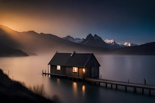 a small wooden house sits on a dock in front of a mountain. AI-Generated photo