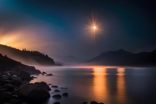 the moon shines brightly over a lake and rocks. AI-Generated photo