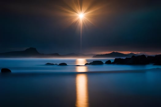 the sun shines over the ocean and rocks. AI-Generated photo