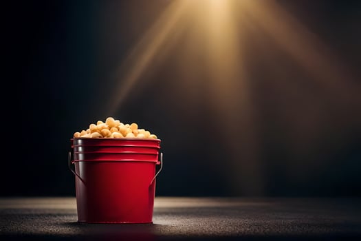 a bucket of popcorn on a table. AI-Generated photo