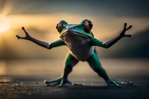 a frog standing on its hind legs with its arms outstretched. AI-Generated photo