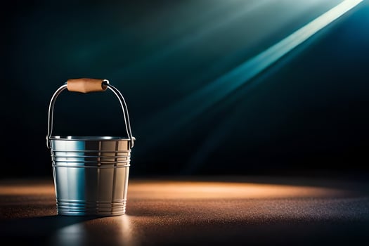 a silver bucket with a wooden handle on a dark table. AI-Generated photo