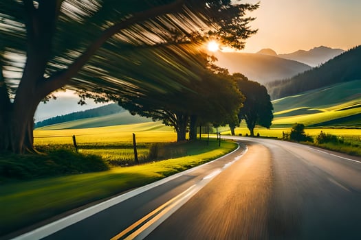 a road in the mountains with trees and grass. AI-Generated photo