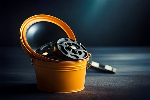 an orange bucket with a film reel inside. AI-Generated photo