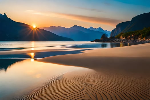 the sun sets over a beach and mountains. AI-Generated photo