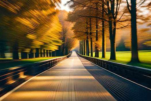 a long road with trees and a light trail. AI-Generated photo
