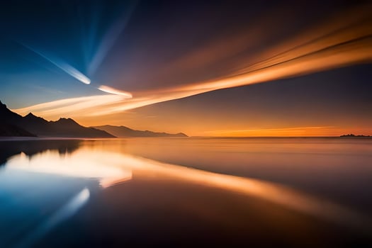 the sun is setting over a lake and mountains. AI-Generated photo
