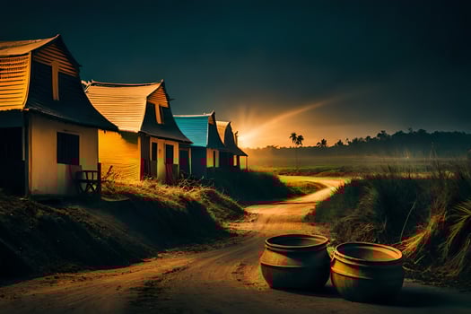 photo wallpaper the sky, the sun, the road, the houses, the village, the sunset. AI-Generated