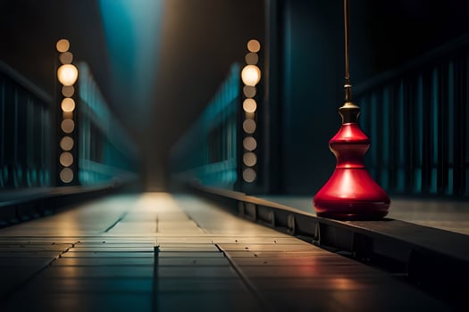 a red vase sitting on a bridge with lights. AI-Generated photo