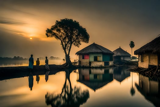 the sun rises over a lake with huts and trees. AI-Generated photo