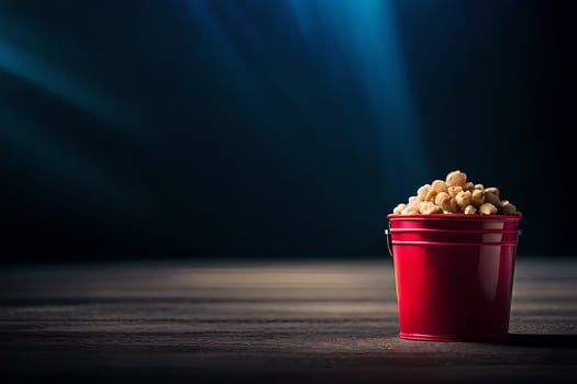 popcorn in a red bucket on a dark table. AI-Generated photo