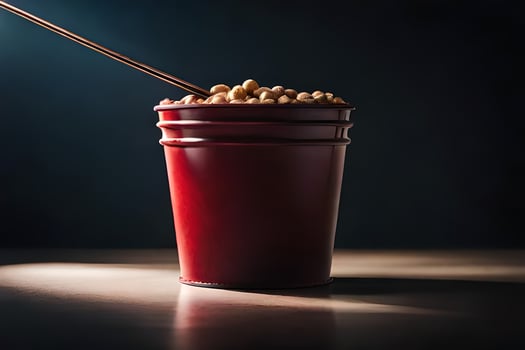 a red bucket filled with popcorn and a spoon. AI-Generated photo