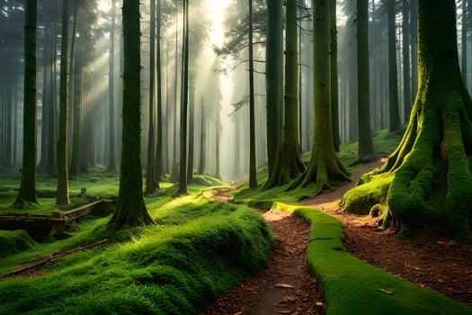 a path through a forest with trees and moss. AI-Generated photo