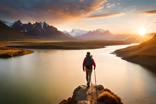a man standing on a rock overlooking a lake and mountains. AI-Generated photo