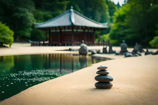 a stack of stones in front of a pagoda. AI-Generated photo