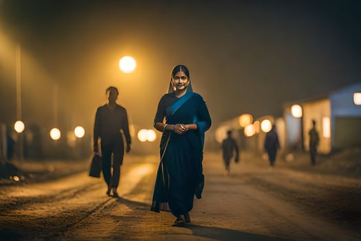 a woman in a black dress walking down a road at night. AI-Generated photo