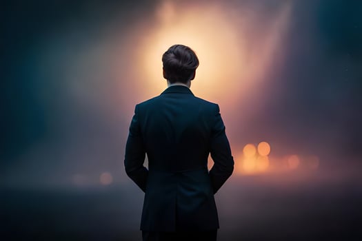a man in a suit stands in front of a foggy background. AI-Generated photo