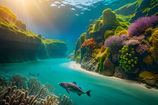 a beautiful underwater scene with coral reefs and a dolphin. AI-Generated photo