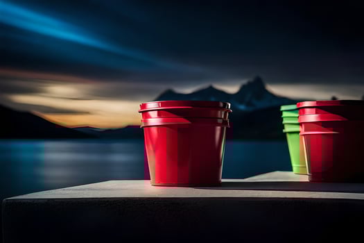 two red cups sitting on a ledge overlooking a lake. AI-Generated photo