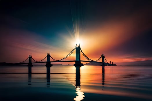 the sun is shining over a bridge in the ocean. AI-Generated photo