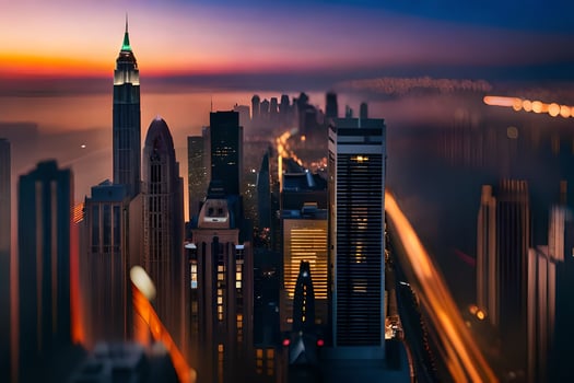 a city skyline at sunset with a lot of traffic. AI-Generated photo