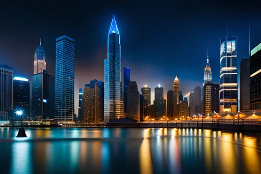 the city skyline at night with lights reflecting off the water. AI-Generated photo