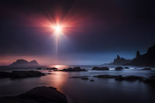 a bright star shines over the ocean in the dark. AI-Generated photo