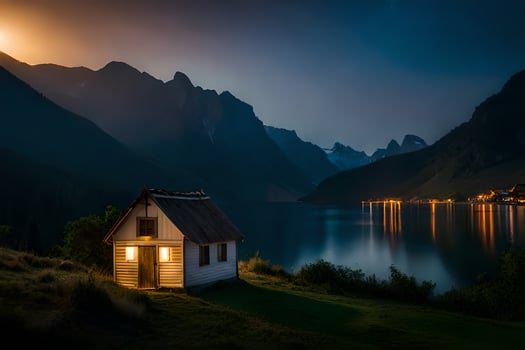 photo wallpaper the sky, mountains, house, lake, the moon, night, norway,. AI-Generated