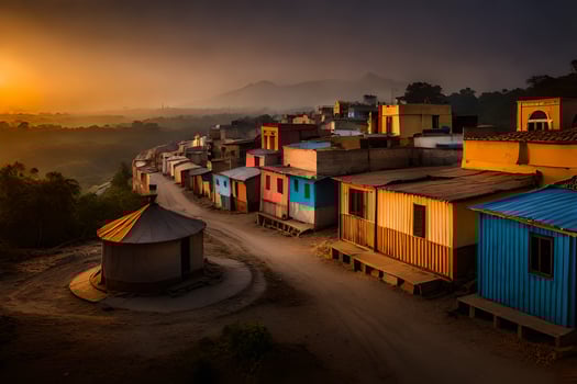 a village at sunset with colorful houses. AI-Generated photo