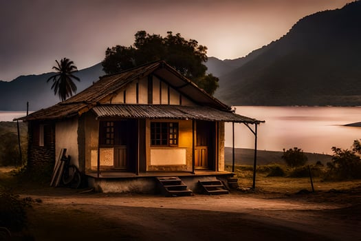 a small house sits on the side of a hill overlooking a lake. AI-Generated photo