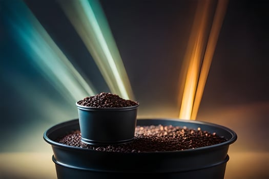 coffee beans in a bucket with light shining from the top. AI-Generated photo