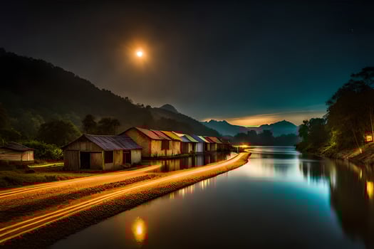 a river at night with houses and a moon. AI-Generated photo