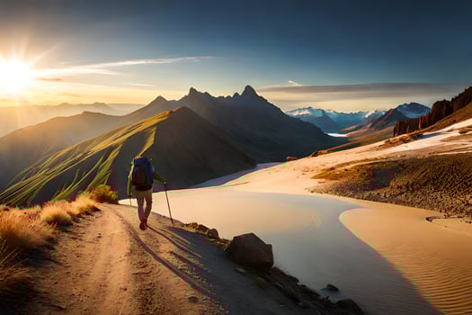 a man walks on a path in the mountains. AI-Generated photo