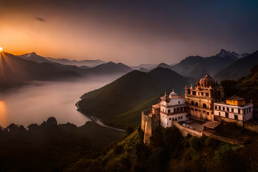 the sun rises over a mountain and a church. AI-Generated photo