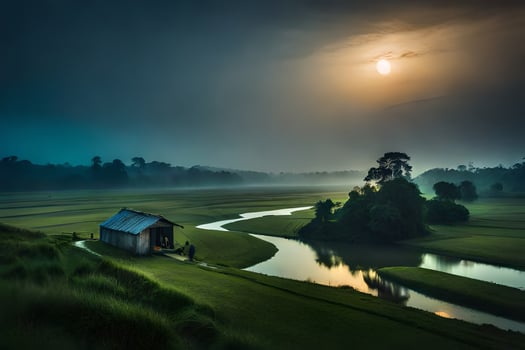 the moon rises over the river. AI-Generated photo