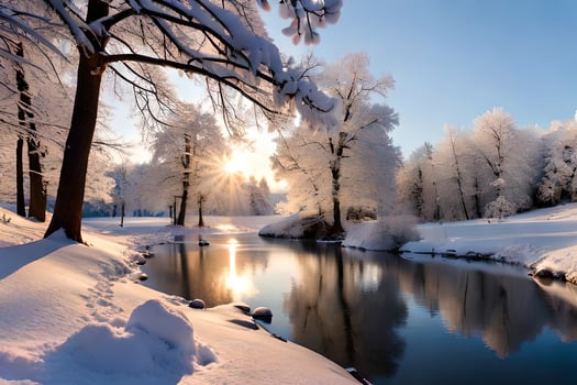 a river in the snow with trees and snow. AI-Generated photo