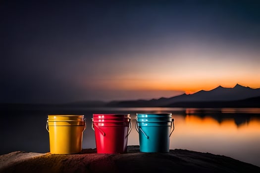 three buckets sit on a rock in front of a lake. AI-Generated photo
