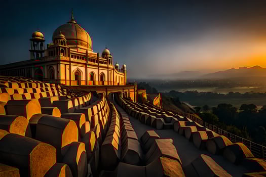 the sun sets over the tomb of person in india. AI-Generated photo