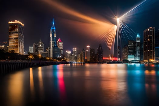 the city skyline is lit up at night with lights. AI-Generated photo