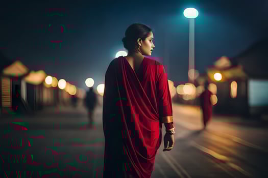 a woman in a red sari walks down a street at night. AI-Generated photo