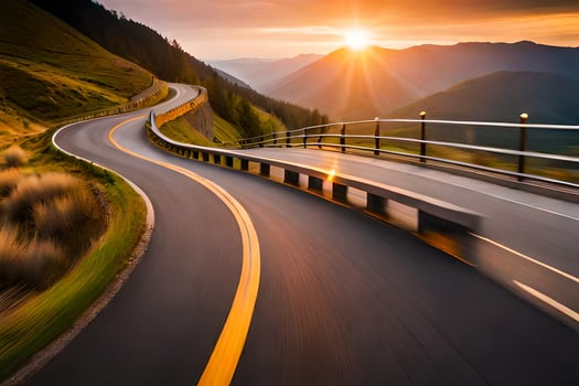 a winding road in the mountains with the sun setting. AI-Generated photo
