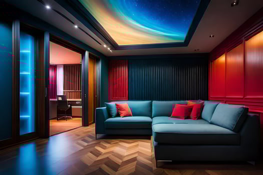a living room with a blue couch and a colorful ceiling. AI-Generated photo