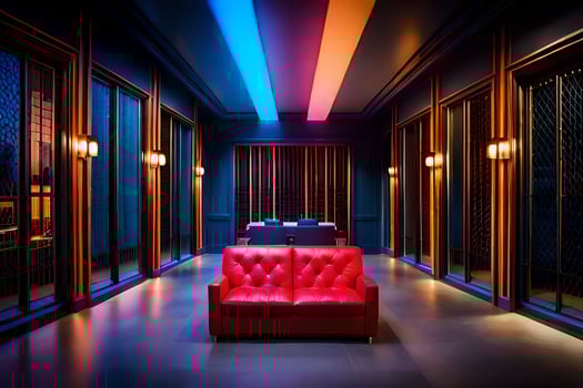 a red couch in a room with blue and red lighting. AI-Generated photo