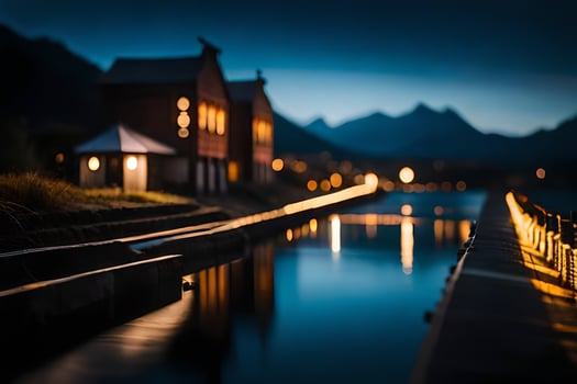 a boat is on the water at night with lights on. AI-Generated photo