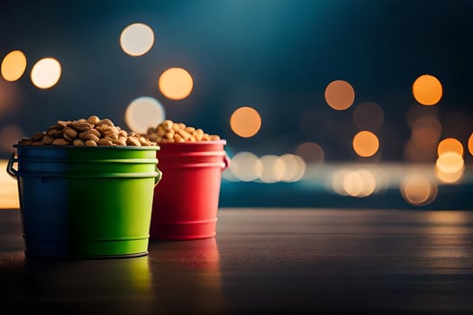 two buckets of peanuts on a table with bokeh lights. AI-Generated photo