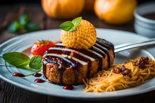 a plate with a piece of meat and noodles. AI-Generated photo